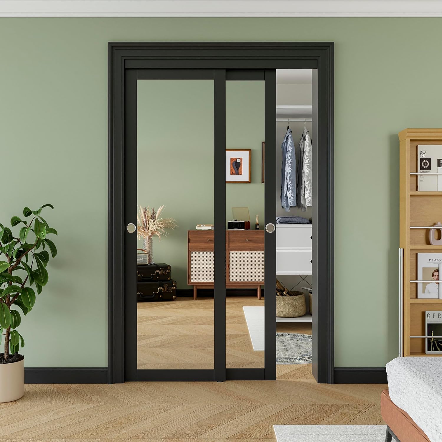 Sliding Closet Door 48"x80", Black Mirrord Closets Door Panel with Hardware Kit & Floor Guide, Solid Wood Slab Pre-Assembled with PVC Surface, Silver Round Handle