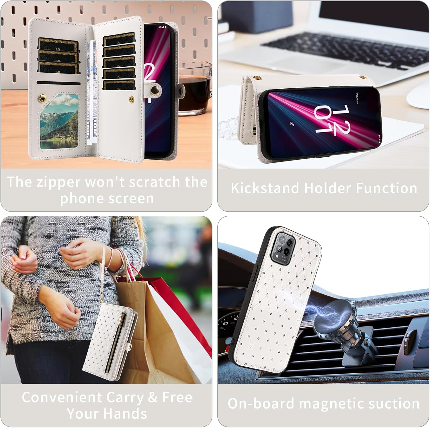 Phone Case for T-Mobile Revvl 6 Pro/6X Pro 5G Zipper Wallet Detachable Cell Cover with Screen Protector Crossbody Strap Bling Flip Credit Card Holder Tmobile Revel X Tmo Revell T Mobile Women White