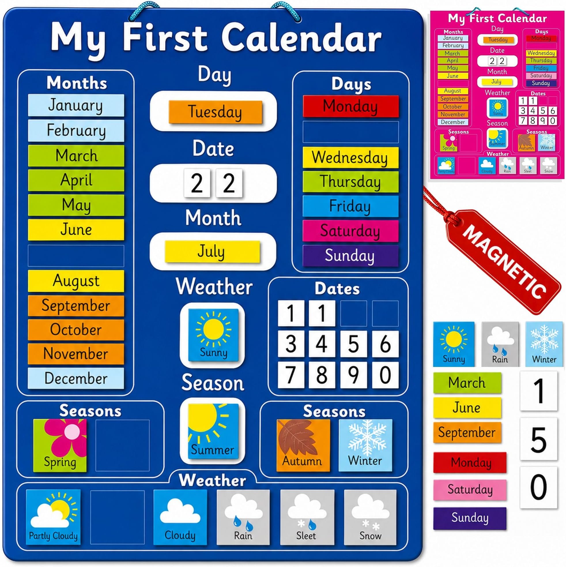 Interactive Children's Magnetic Learning Calendar - Blue- Fun Educational Tool for Time, Seasons, and Weather Awareness - 40x32 cm with Easy Hang Loop