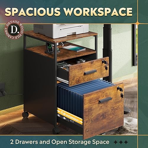 Miniatura 5 de DEVAISE Archivador de 2 cajones con cerradura y estación de carga, archivador de madera para tamaño A4 o carta, soporte de impresora móvil con