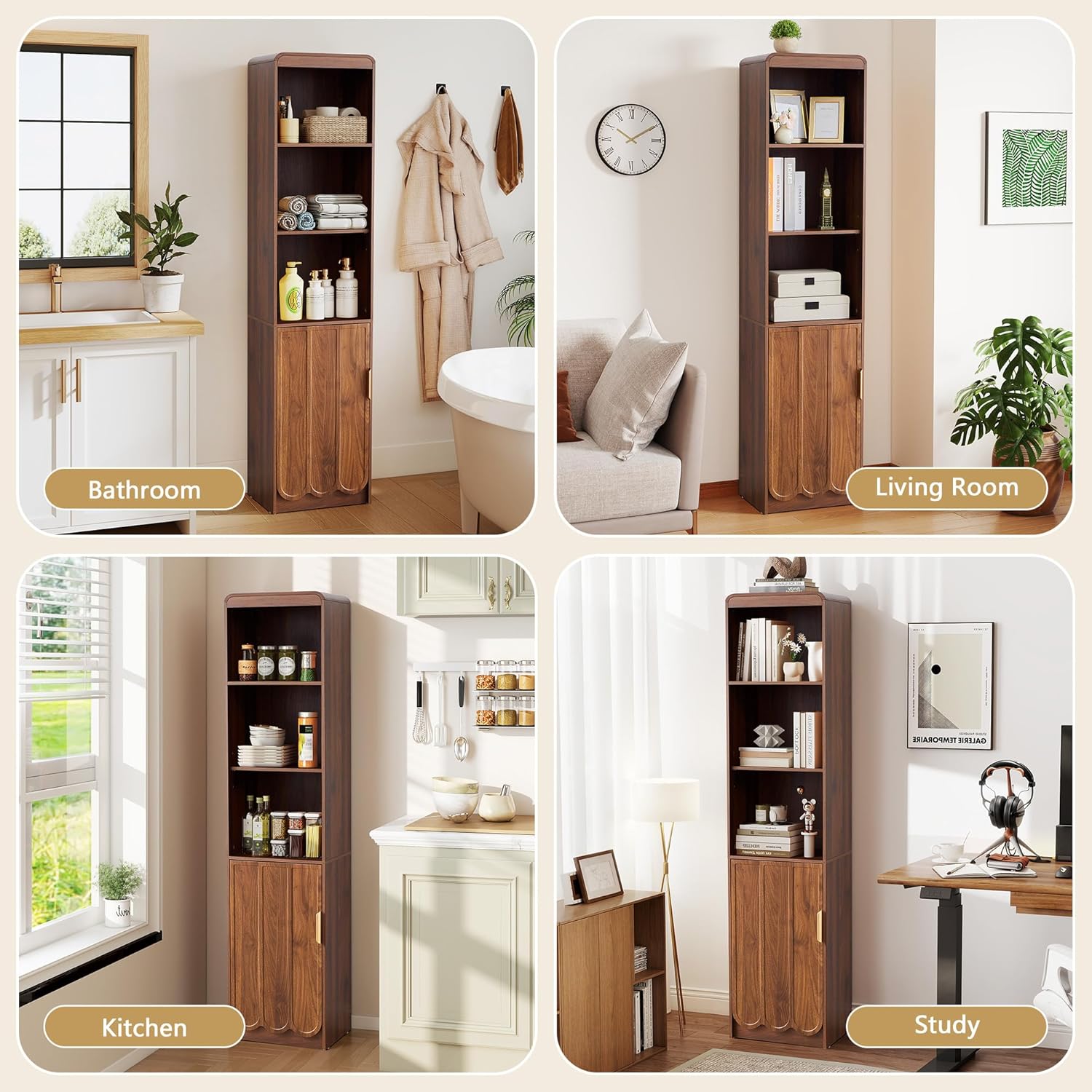 ORRD Narrow Tall Bathroom Storage Cabinet, Freestanding Storage Cabinet with Open Storage Compartments and Adjustable Shelf for Small Space, Bathroom, Living Room, Kitchen, (Walnut)