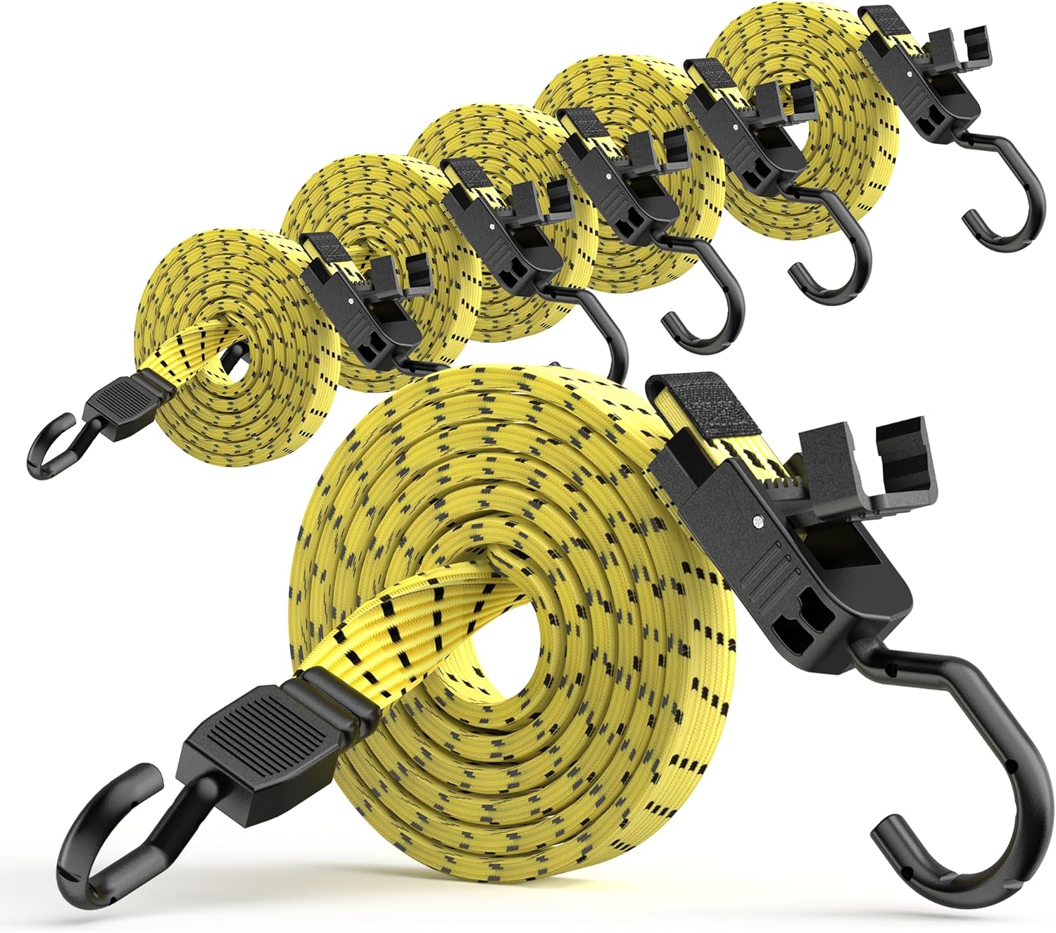 Bungee Cords with Hooks, 48 Inch Adjustable Flat Bungee Straps with Quick Release Buckle, Yellow Black Heavy Duty Elastic Cords with Metal Hooks for Bike Rack, Outdoor, Camping, Tarp, 6 Pack