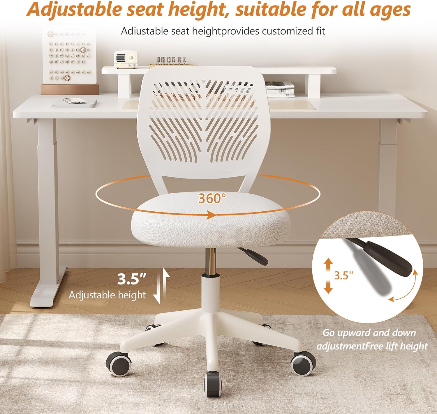 JPBSTO Armless Desk Chair, Height Adjustable Swivel Office Rolling Task Chairs with Soft Mesh Padded Cushion, Ergonomic Small Study Computer Chair for Girls Boys Teens (White, 1PC)