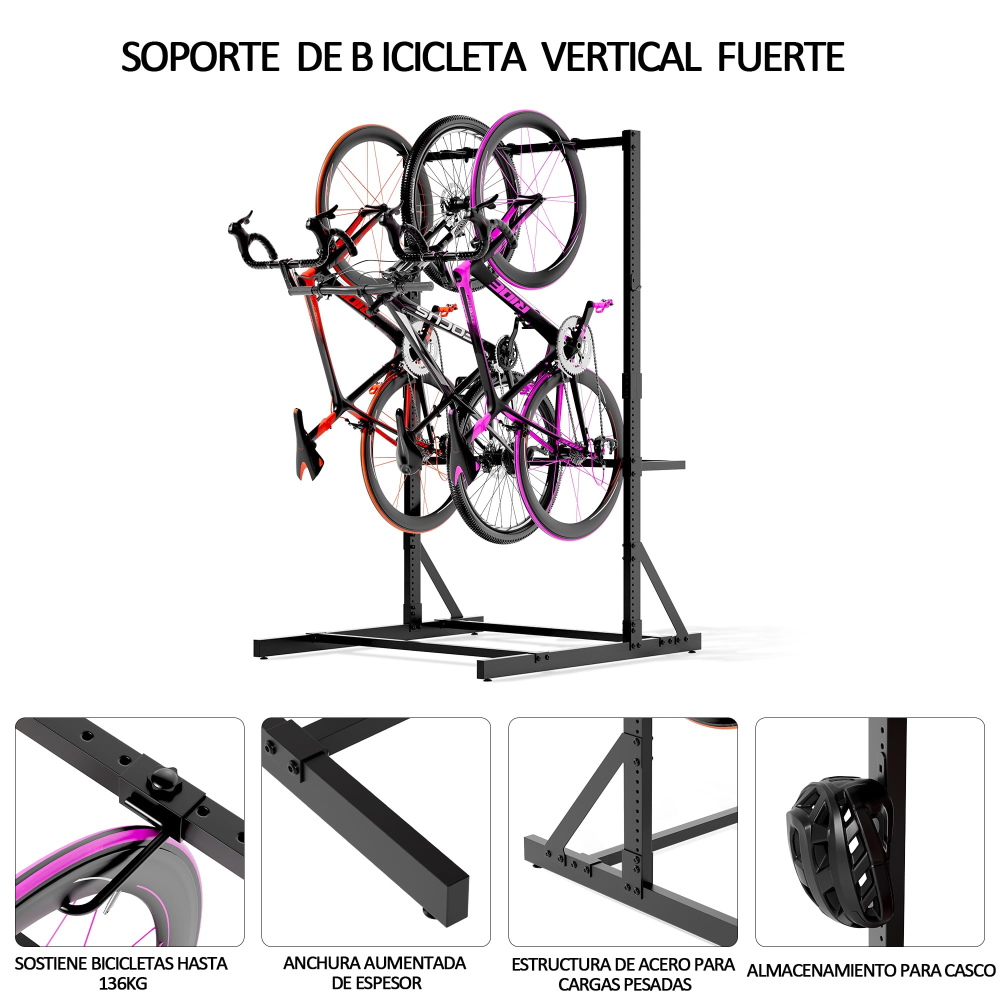 Support à vélos autoportant pour garage, support de rangement vertical pour vélos, support de sol robuste en acier massif pour 5 vélos maximum avec crochets et crochets pour casque