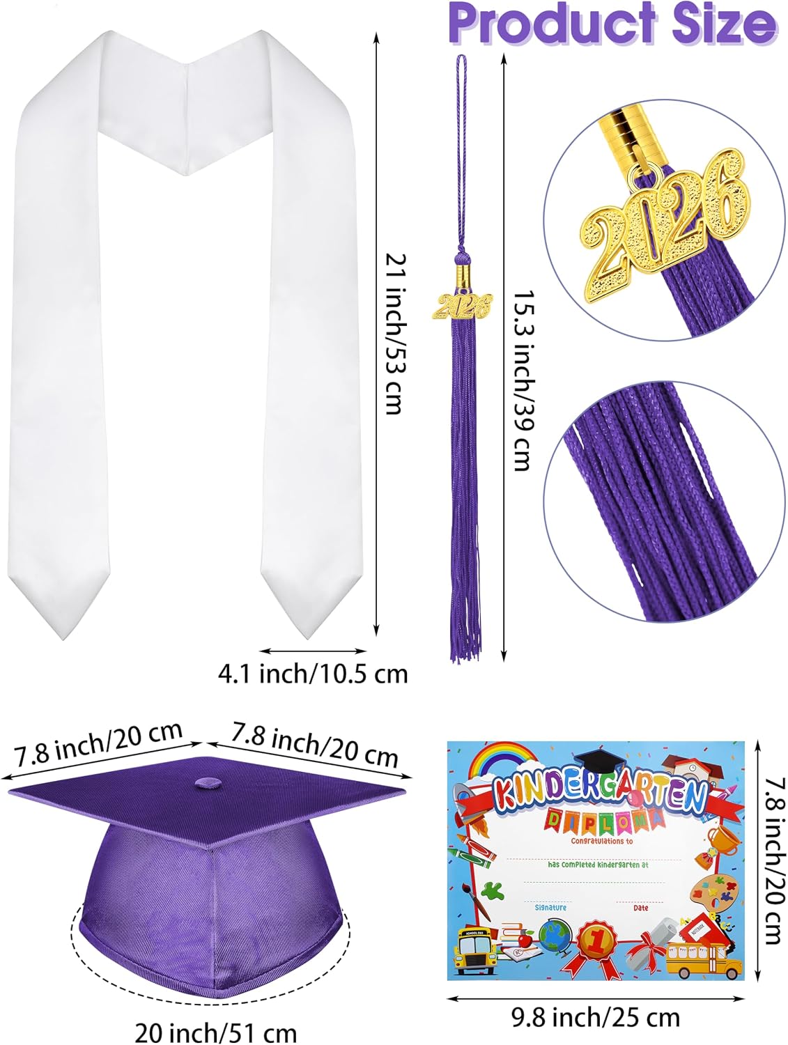 SOMSOC 7 Pieces Preschool Kindergarten Graduation Gown Cap Sash Set with 2026, 2027 Tassel Charms, Certificate for Toddler