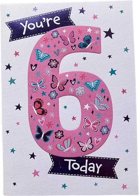 Happy 6th Birthday Card 6 Today - Pink Six with Butterflies - Purple Foil - for Her Girl Female