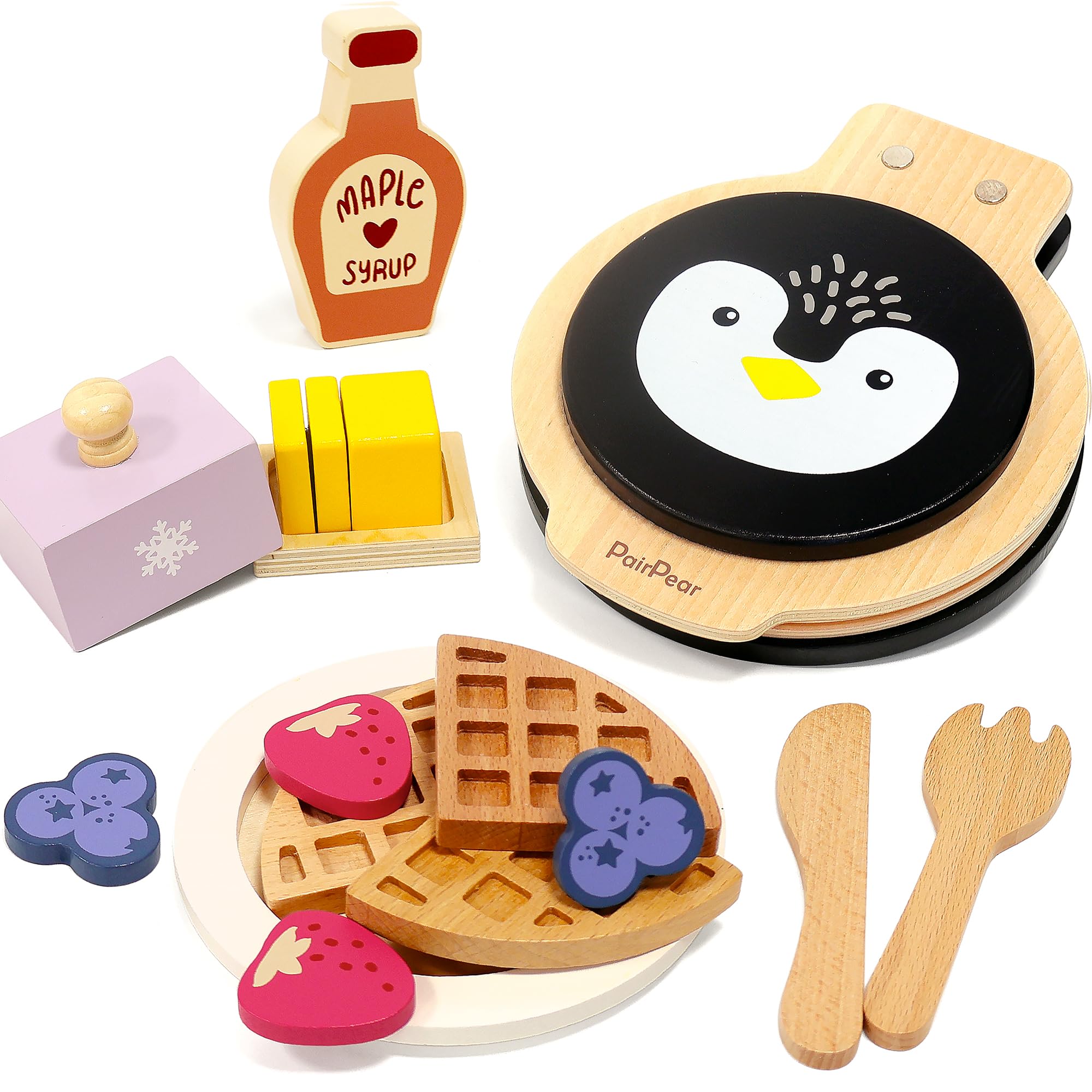 PairPear Wooden Waffle Maker Toy Food Playset, Kids Pretend Play Food Kitchen Accessories, Wooden Cooking Toy Baking Playset, Toddler Play Breakfast