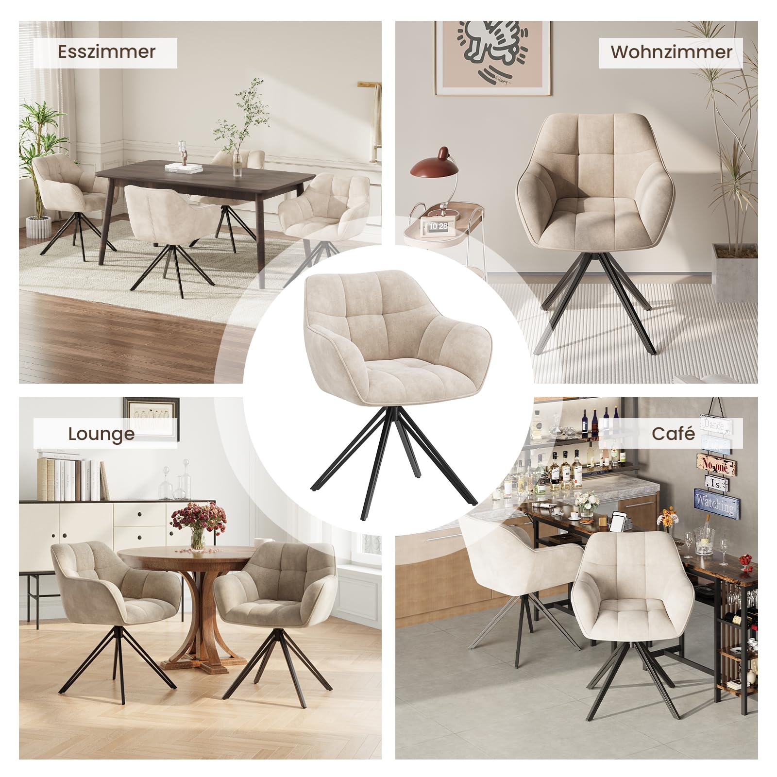 COLAMY Drehstühle für Esszimmer, 4er Set, Drehbare Polsterstühle mit Armlehnen und Rückenlehne, Bequeme Küchenstühle für Wohnzimmer & Essbereich, Beige
