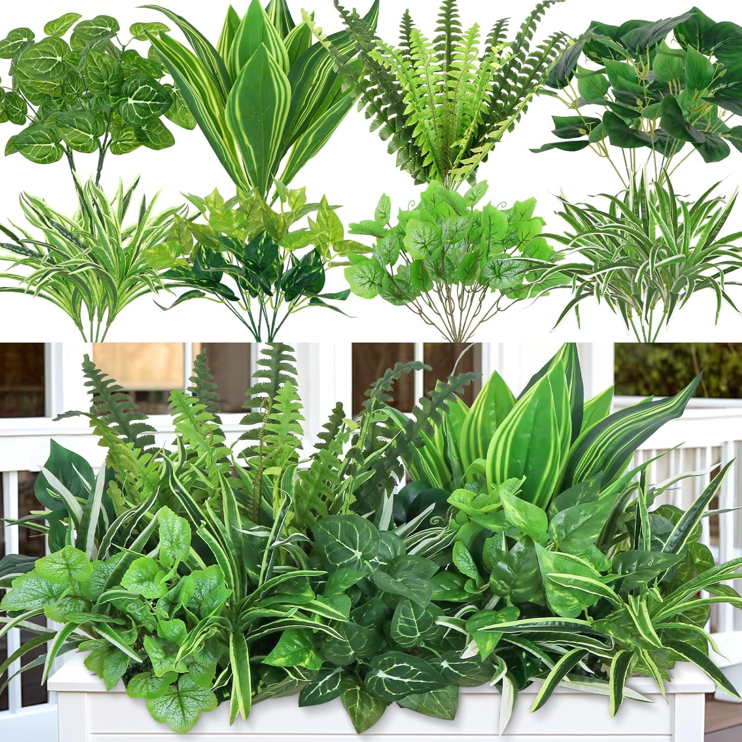 UXORSN 18PCS Artificial Greenery Plants Outdoor Fake Plant Plastic Green Leaves with Stems Large Bunches Boston Fern Outside Faux Plants Bushes for Patio Garden Front Porch Planter Window Decor