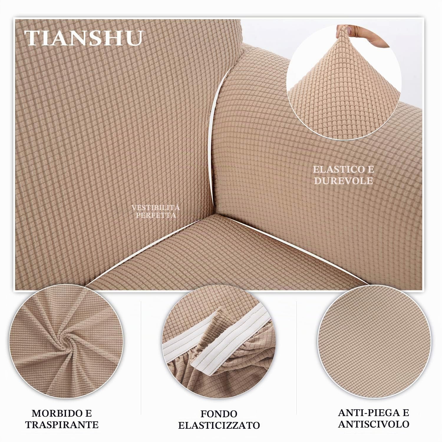 TIANSHU Copridivano 4 Posti Elasticizzato Jacquard Antiscivolo Copertura Poltrona Antimacchia Cani Pet Salvadivano (4 Posti, Sabbia)