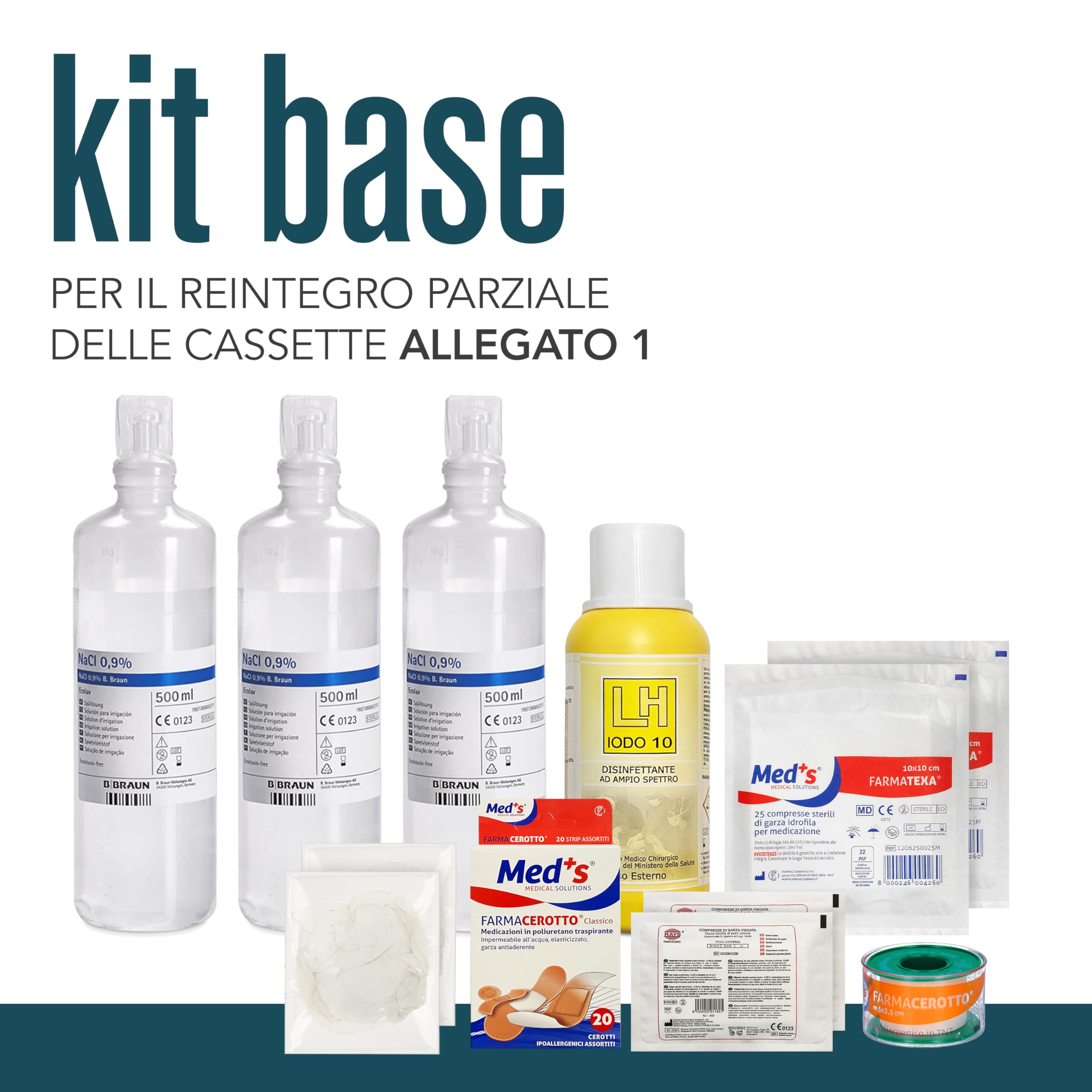 KIT BASE per reintegro ALLEGATO 1 parziale, pacco di medicazione per cassette di Pronto soccorso, Armadietto aziende più 3 dipendenti
