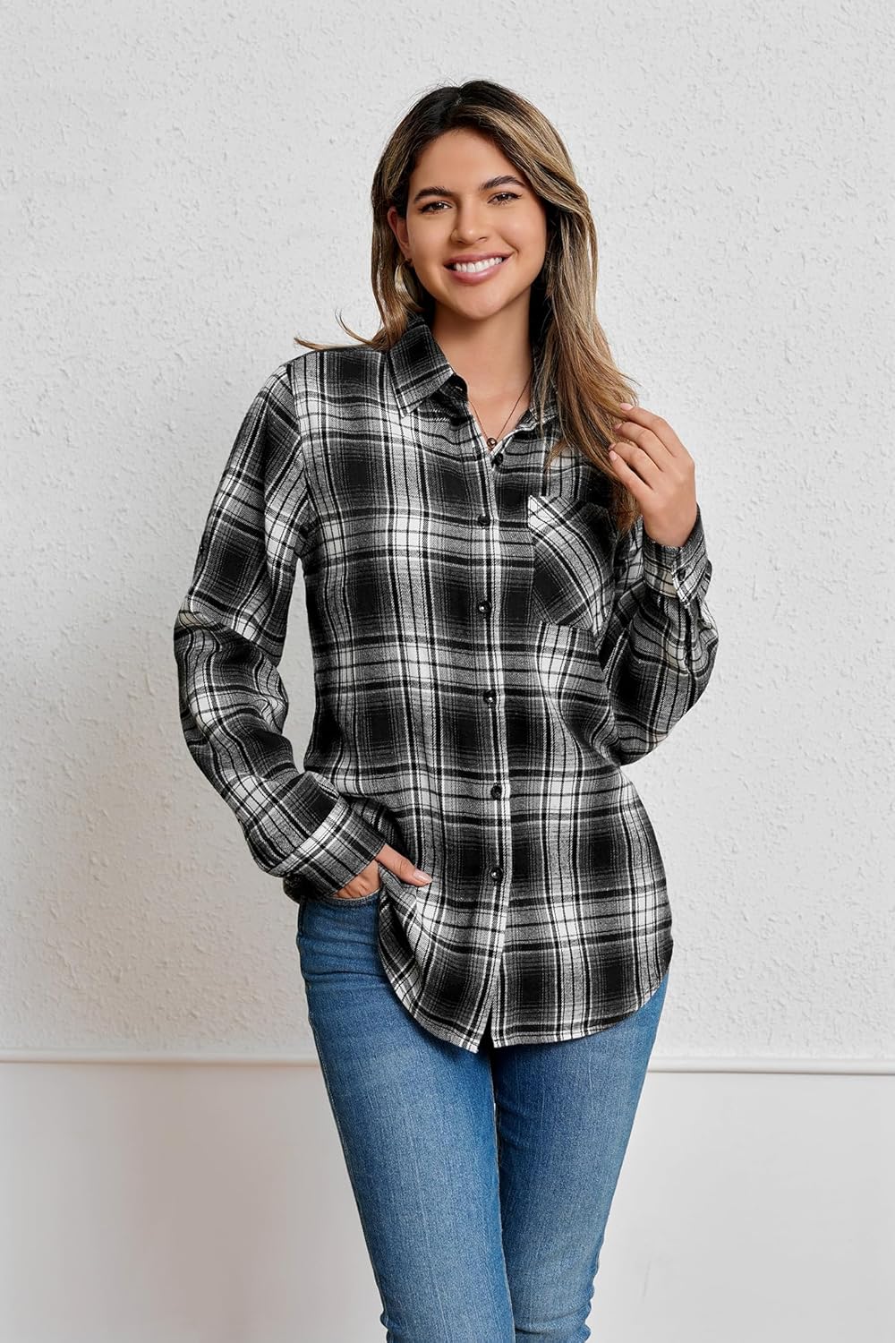 Plaid Shirts for Women Casual Button Down Flannel Shirt Plus Size Roll Up Long Sleeve Checkered Blouse Tops - Image 7