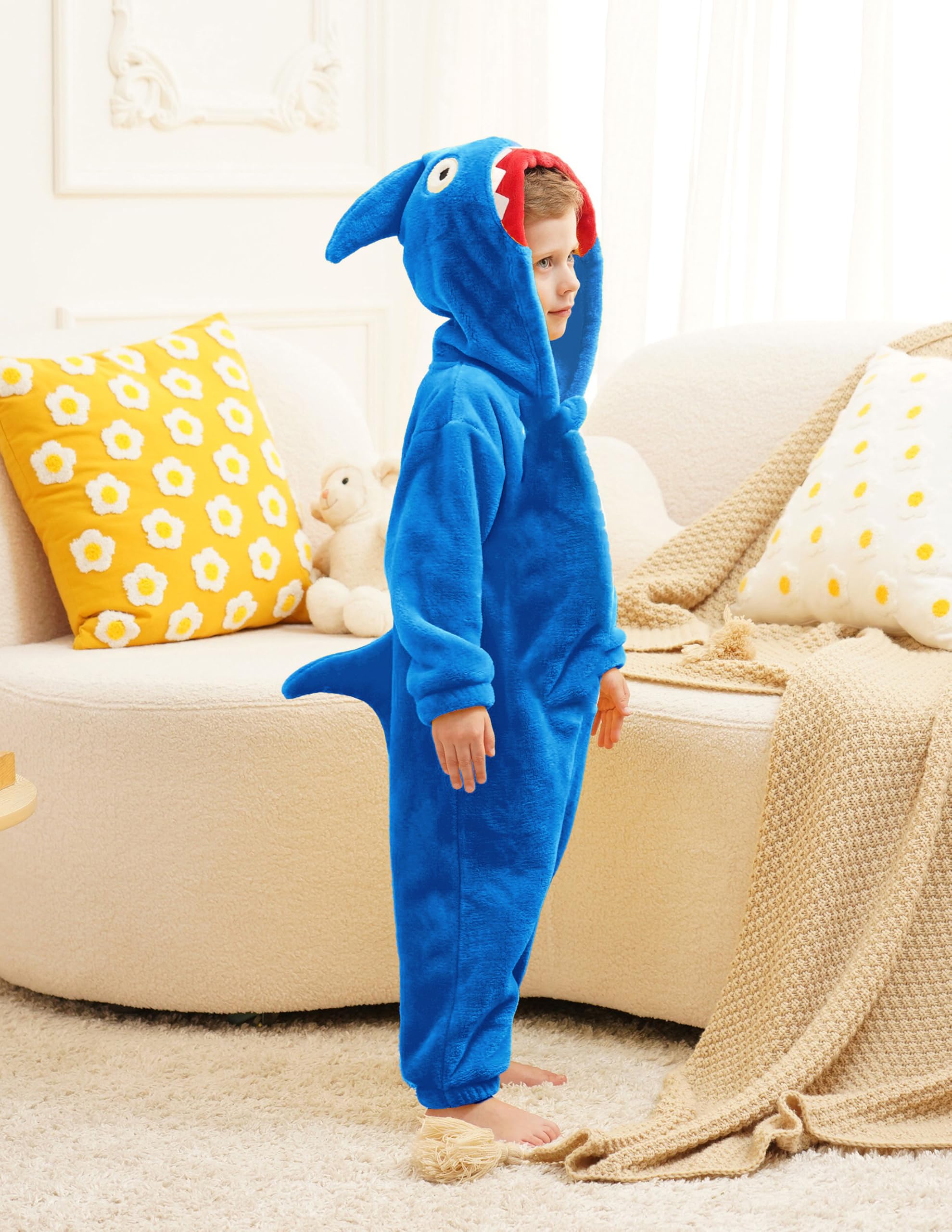 LOLANTA Disfraz Tiburón Niño,Buzo de Peluche con Capucha, Azul, 4-6 años, Talla M