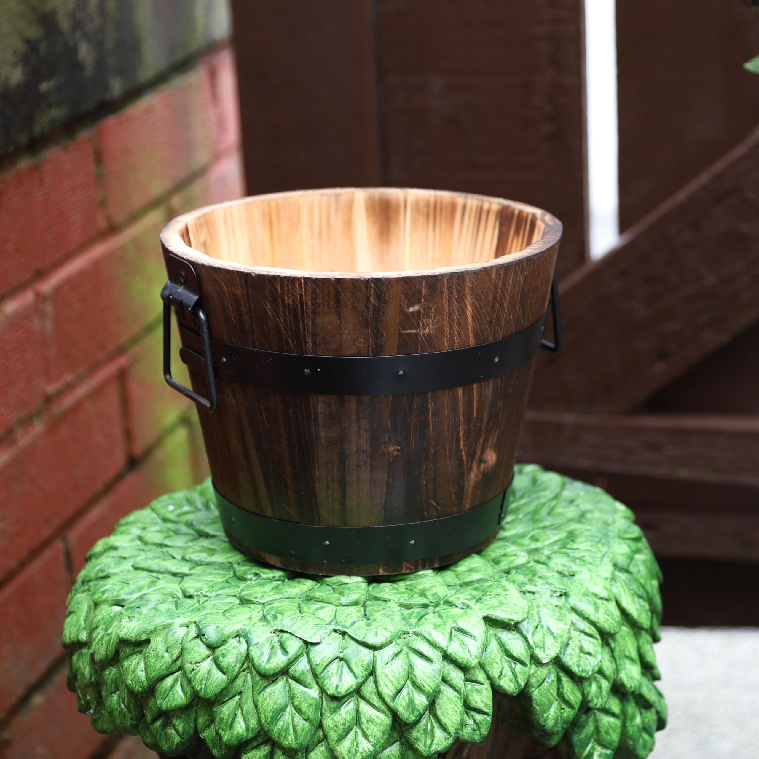 Fyne-Finds Round Wooden Whiskey Barrel Planter 20cm, 8inch Garden Pot with Metal Handles Band Outdoor Tub Weatherproof DrainageHoles (1)