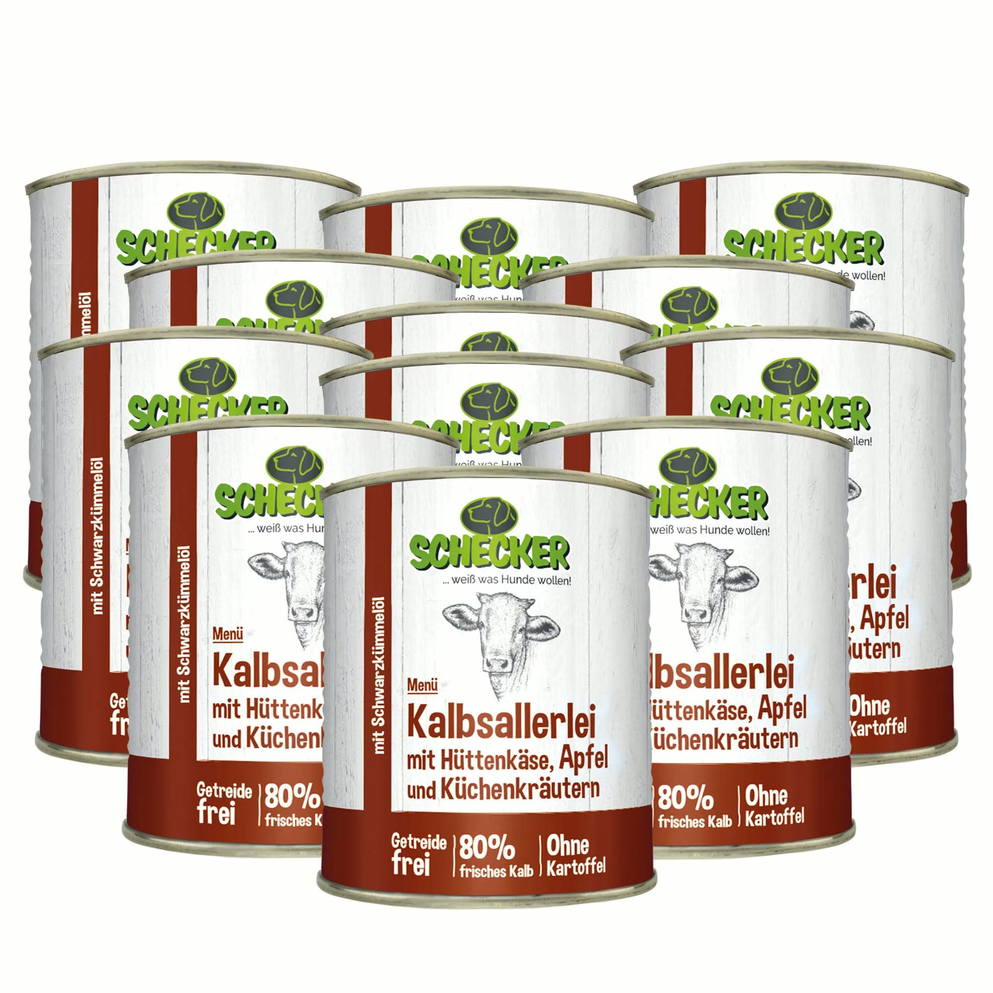 Nassfutter Kalbsallerlei mit Hüttenkäse, Apfel, Kräuter (820g (12er Pack)) | Ohne Getreide, und künstliche Zusatzstoffe