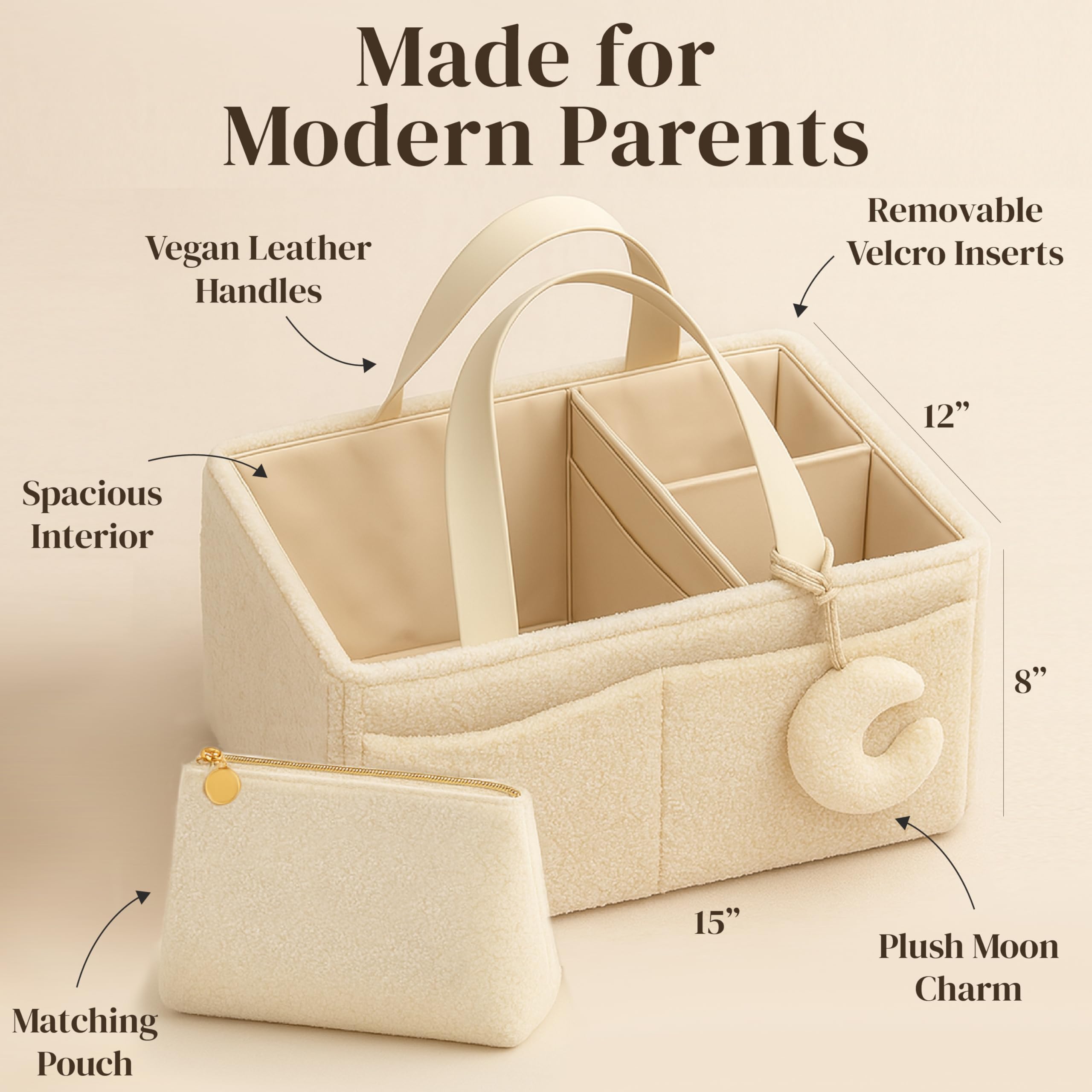 Orelle Bouclé Wickeltisch-Organizer mit passender Tasche und Mondanhänger, tragbarer Wickeltisch-Organizer, Must-Have für Babypartys, cremefarben