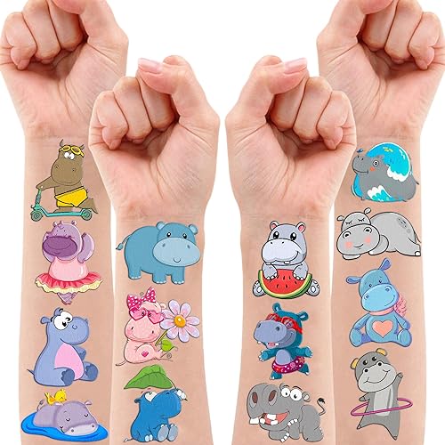 Miniatura 2 de 101 calcomanías temporales de hipopótamo hipopótamo con temática temática de fiesta de cumpleaños, suministros de decoración, lindos y divertidos