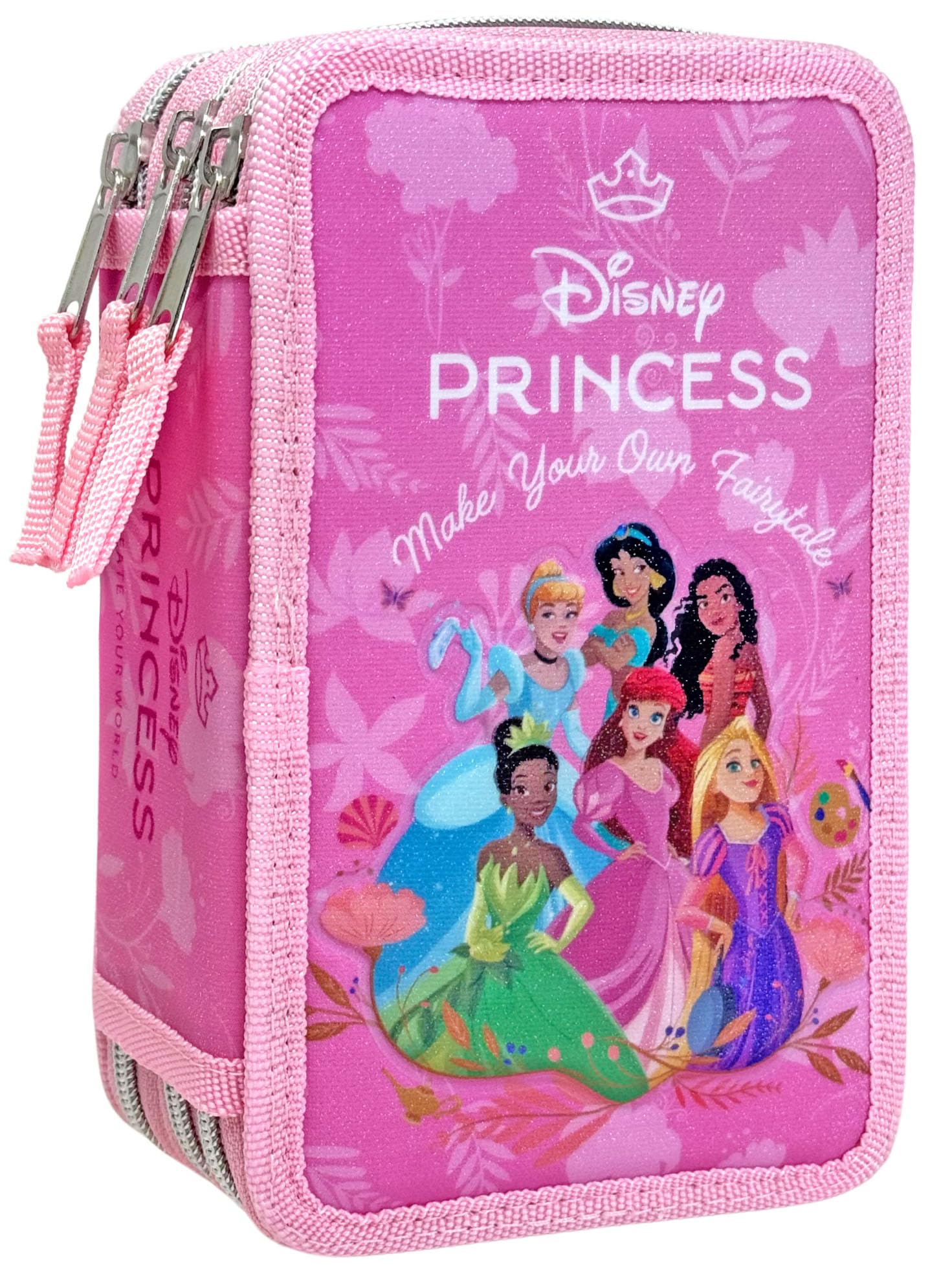 Clondo 3D Mädchen Federmäppchen 3-Fach – 44-teilig gefüllt – für Prinzessinnen Disney Fan – mit Filzstiften, Buntstiften, Lineal – Rosa – Schulmäppchen & Geschenk für Kinder