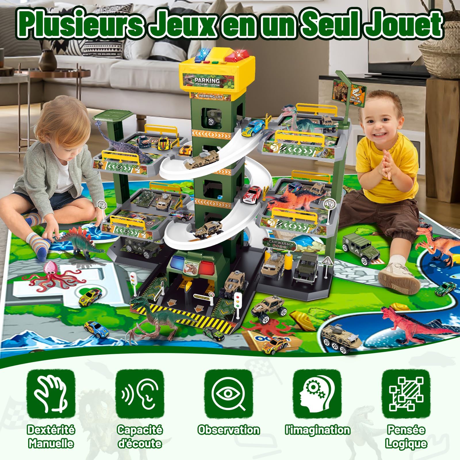 BuzzoXerex 5 Etages Garage pour Enfants, Piste de Course avec 14 Voitures et 2 Hélicoptère, Jouet Garage Voiture avec Ascenseur Electrique Circuit, Cadeaux pour Enfants 5 6 7 8 9 Ans (Dinosaure)