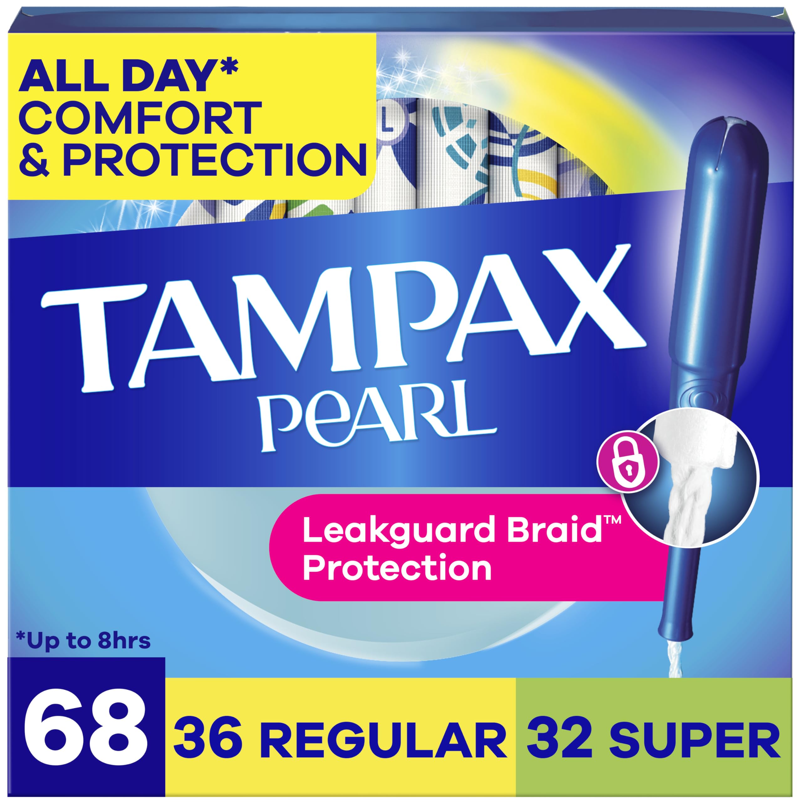 Tampax Pearl Tampons Multipack, with LeakGuard Braid, Regular/Super Absorbency, Up to 100% Leak and Odor Free Protection, Unscented, 68 Count