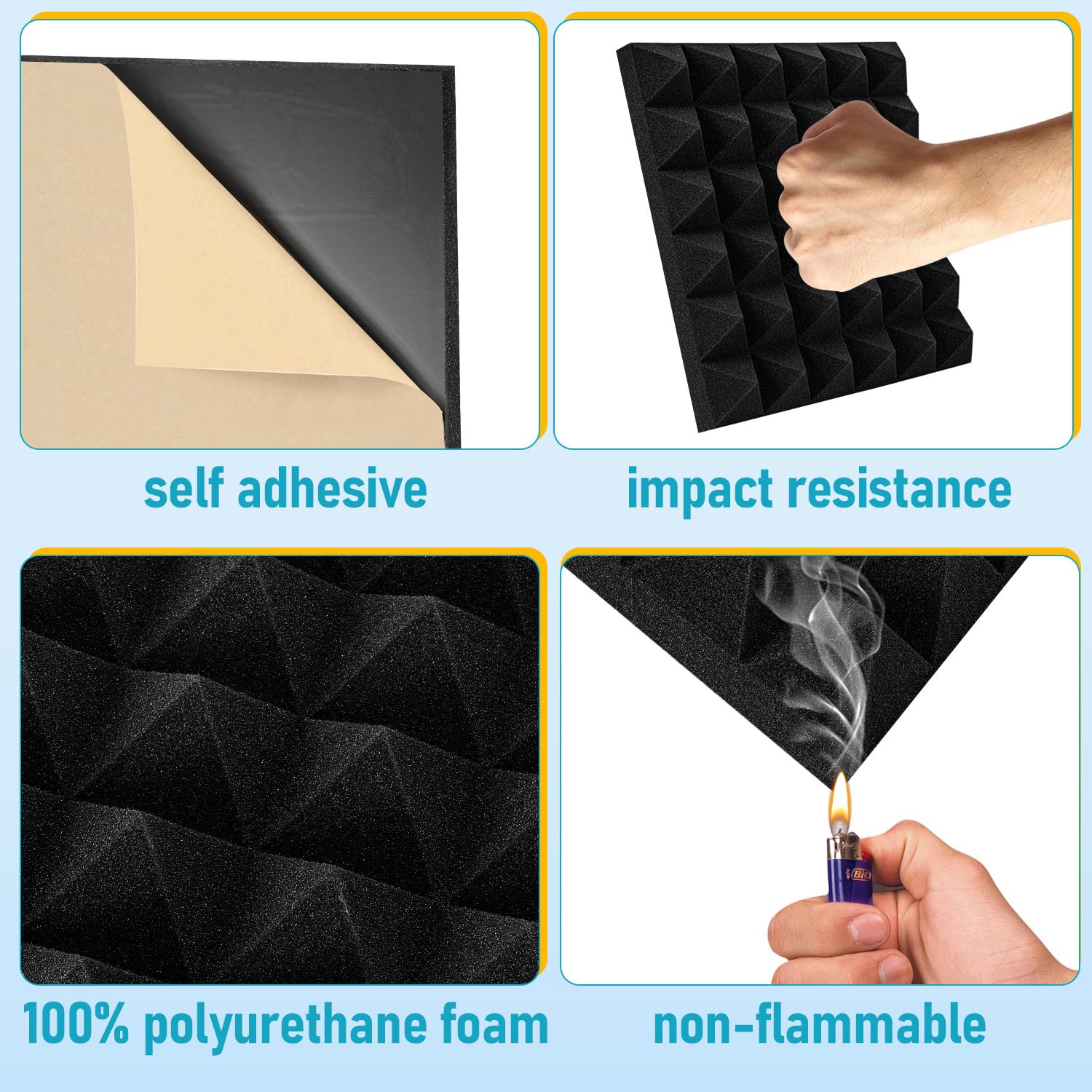Lot de 24 panneaux d'absorption acoustique autocollants 5x30x30 cm, isolation acoustique murale ; absorbeurs de son pour l'isolation acoustique dans les studios d'enregistrement, décoration