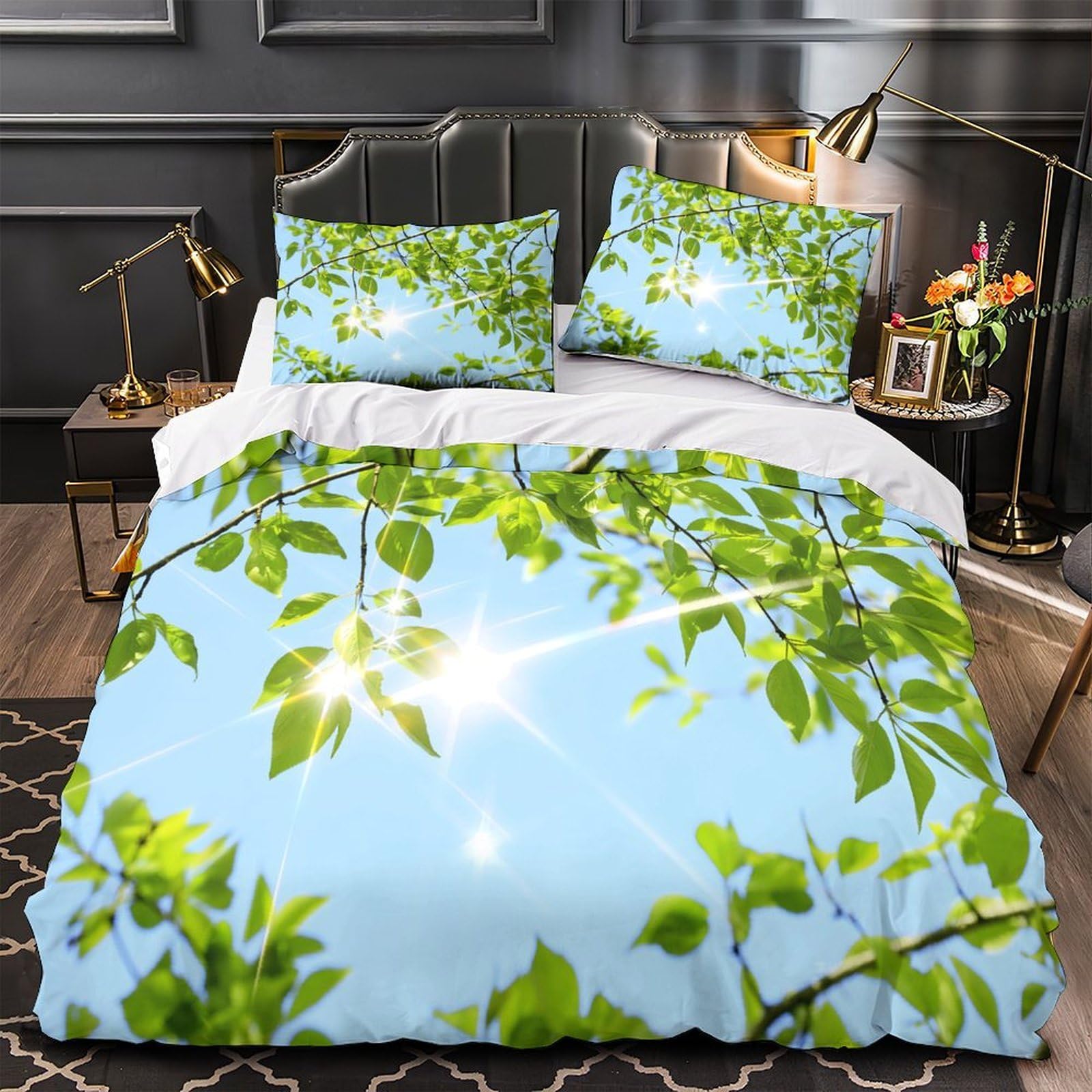 Parure de lit 3D haut de gamme motif soleil et feuilles microfibre