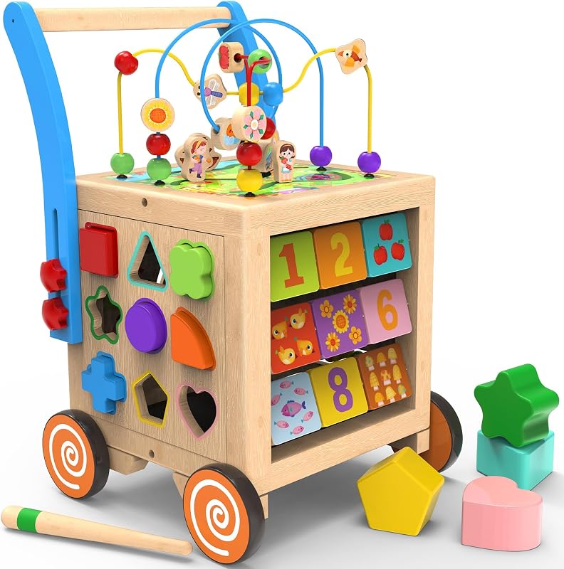 9-in-1 Wooden Activity Cube Walker for 1 Year Old, Sit-to-Stand Push Walker | Montessori Baby Push Walker for Early Development, Adjustable Height & Speed Control, First Birthday Gift for Boys & Girls