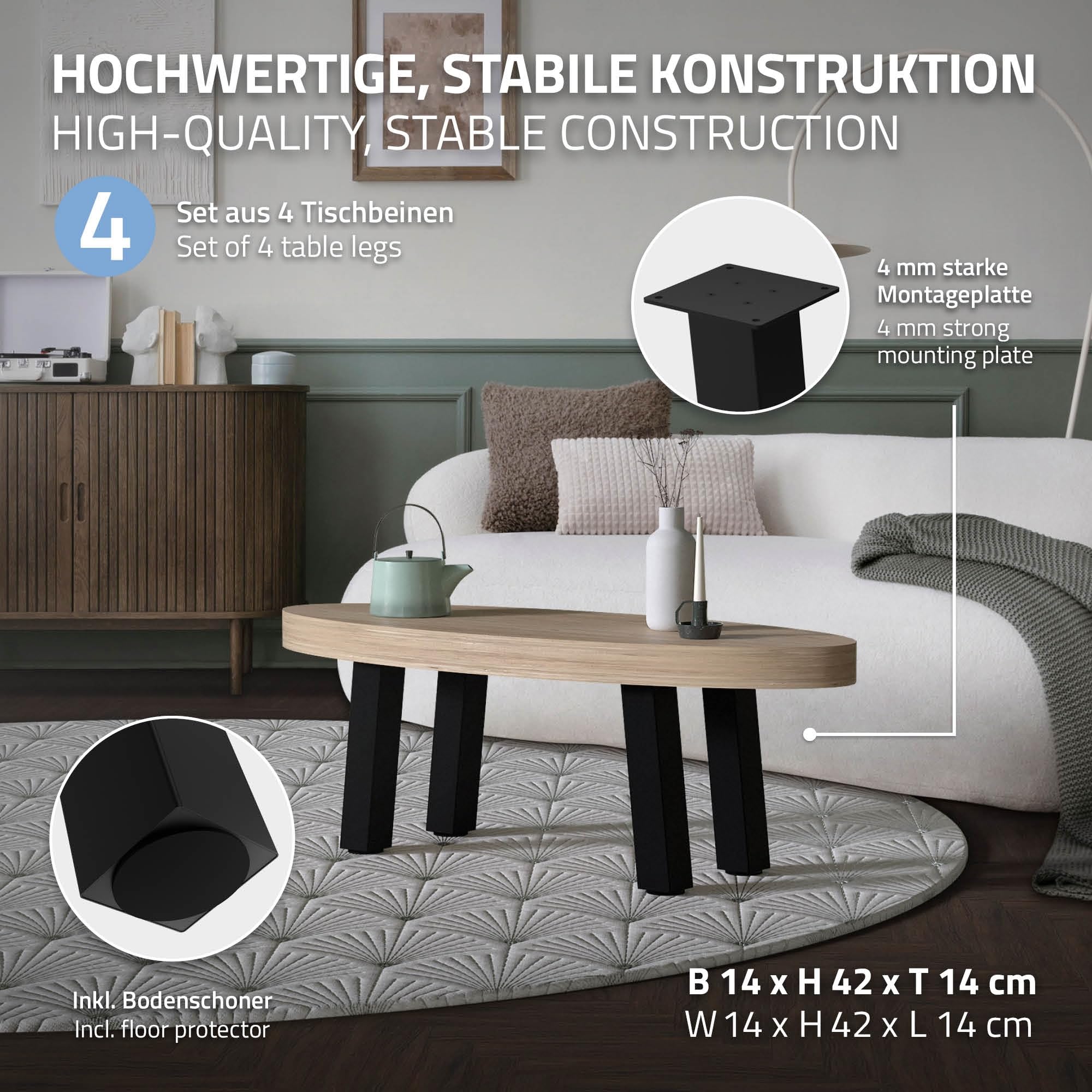 ML-Design Set di 4 Gambe per Tavolo Inclinate A: 42 cm Nero Lucido in Acciaio Verniciato a Polvere Forma a I Profilo 8x8 cm con Inclinazione di 96° Piedini in Metallo per Panchine Tavolini