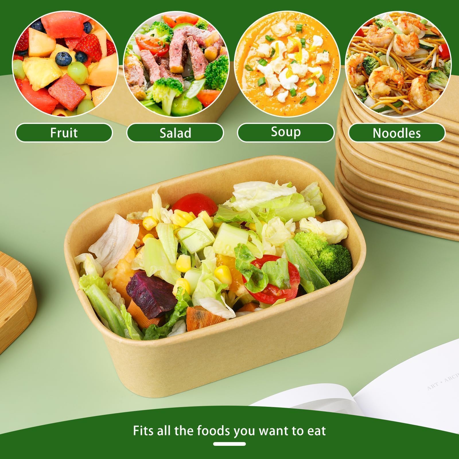 Paquete de 50 cuencos de papel de 25 onzas, recipientes desechables para alimentos con tapas, cuencos desechables rectangulares con tapas, cuencos de ensalada desechables con tapas para