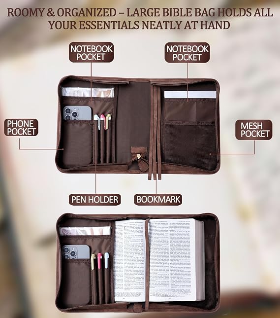 Vegan Leather Bible Cover Case, Bible Bag with Phone Pocket, Large Bible Case for Men Women, Christian Gift Box Packaging (Brown)