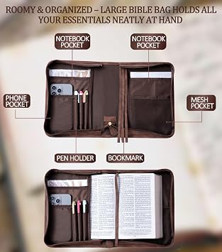 Vegan Leather Bible Cover Case, Bible Bag with Phone Pocket, Large Bible Case for Men Women, Christian Gift Box Packaging (Brown)