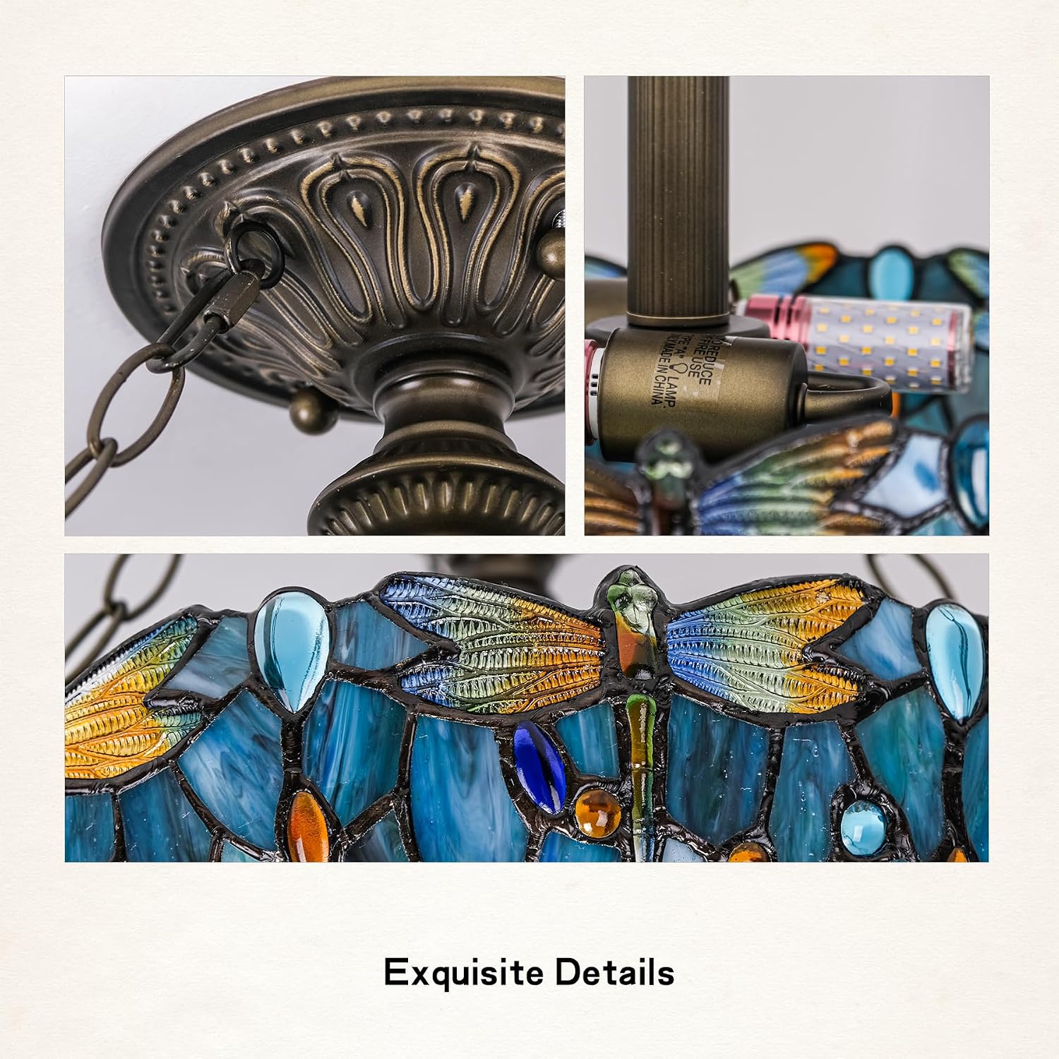 Tiffany Style Semi Flush Mount Ceiling Light, 16" Stained Glass Dragonfly Shade with Retro Bronze Base, 2-Light E26 Ceiling Fixture for Bedroom, Living Room, Hallway, UL Listed