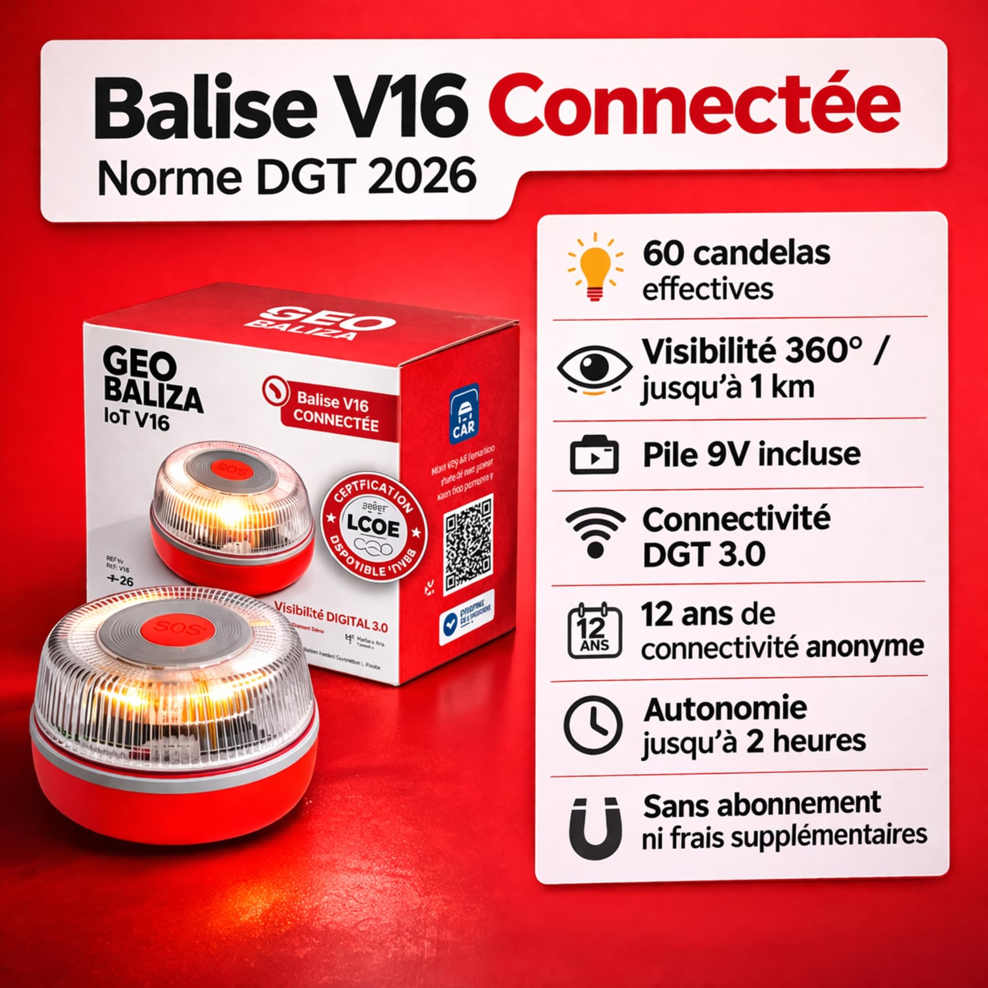 gyrophare led v16 homologué espagne DGT 3.0 Connecté GPS - Balise Lumineuse V16 Voiture - Lumière d’Urgence Homologuée - Balise DGT