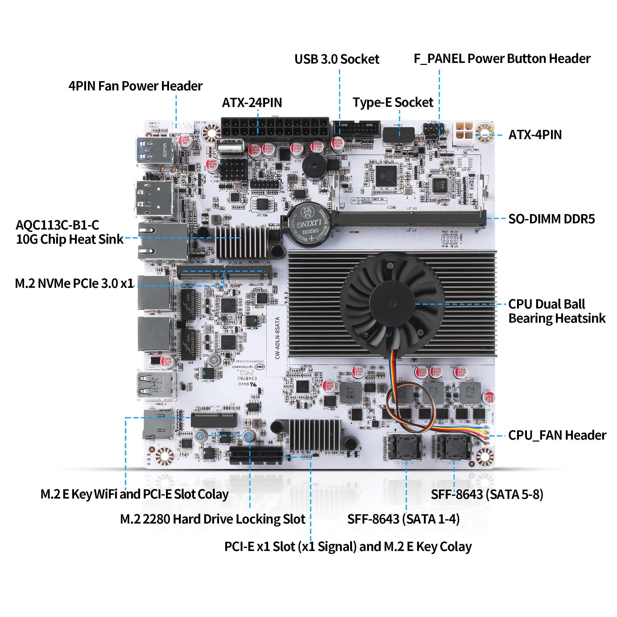 8 Bay NAS Motherboard, N150, Mini-ITX Mainboard, 10Gb & Dual 2.5GbE RJ45 LAN, Dual M.2 NVMe, Computer Board, USB 3.2 10Gbp, HD, DP, DDR5, Barebone, No RAM NO SSD (No Cable)