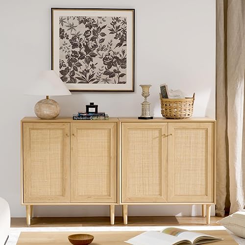 HMeeZnn Rattan Storage Cabinet Set of 2, Sideboard Buffet Cabinet with Natural Wood Legs Accent Kitchen Cabinet with Adjustable Shelves Cupboard for Living Room Dining Room Bedroom Entryway