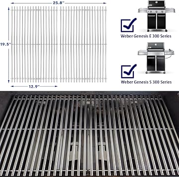 Genesis Grill Parts Cooking Grates for Weber Genesis 300 Series E310 E320 E330 S310 S320 S330, 19.5 Steel BBQ Grids for Fits Weber 7528/7524 Cast Iron Grate Replacements