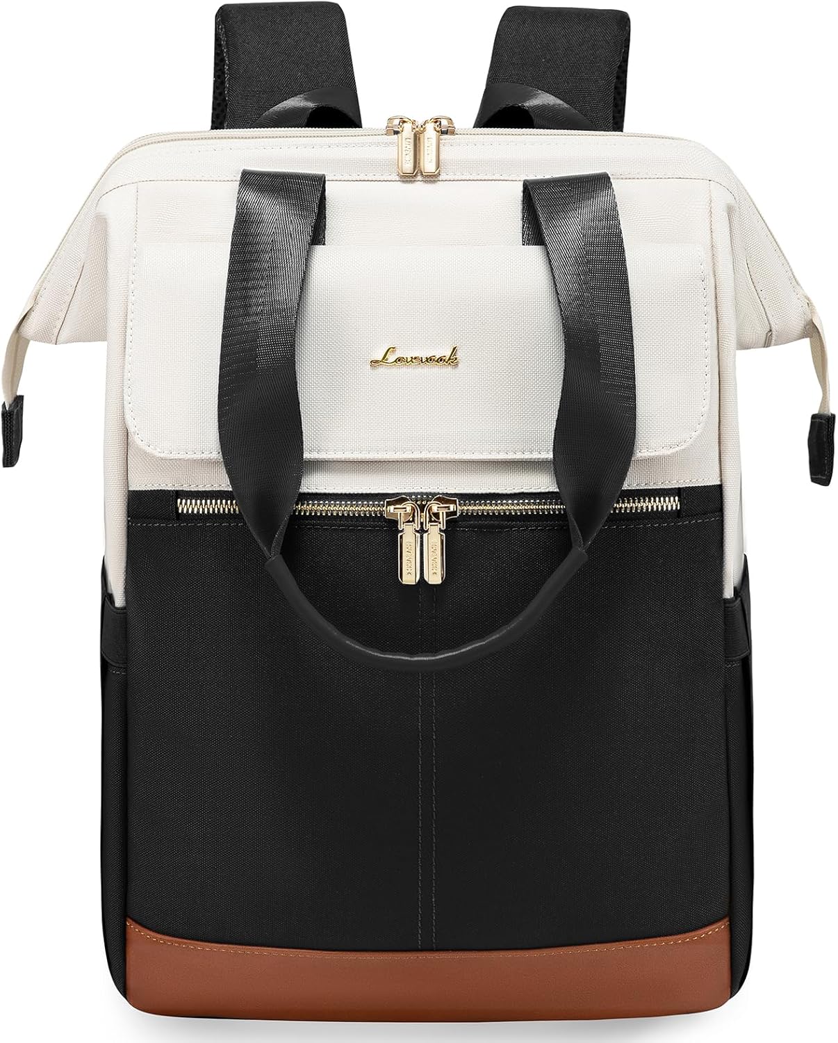 LOVEVOOK Backpack Womens, 15.6 inch Laptop Rucksack Bag for Ladies, Waterproof Daypacks for Office Teacher Nurse, School Bags with USB Port for Work University Travel Business, Beige Black Braun