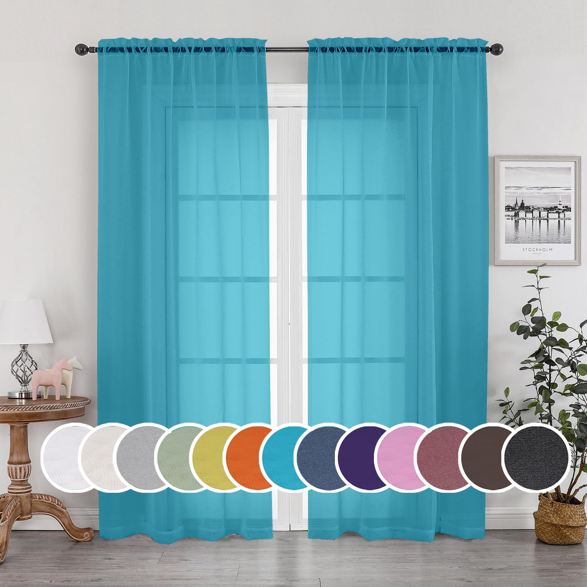 OWENIE Sheer Curtain 90 Inches Long 2 Panels Set for Living Room Bedroom, Light Filtering Rod Pocket Clear Sheer Curtain 2Pcs, Each 42" W x 90" L, Turquoise