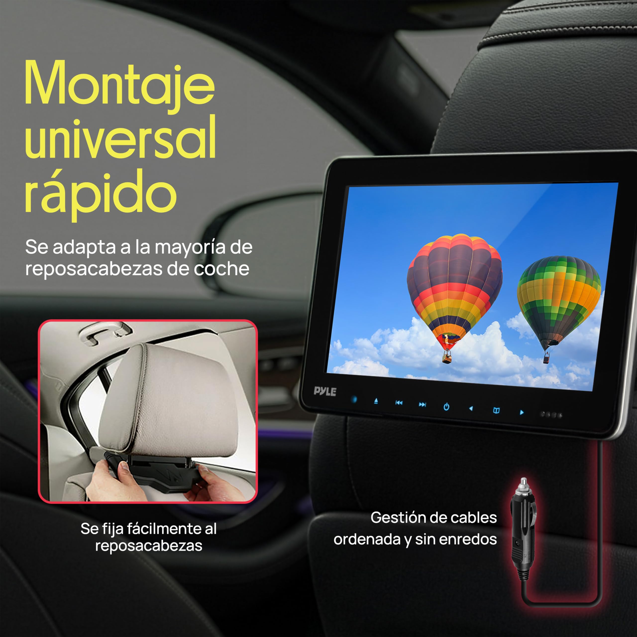 Pyle Monitores Universales para Reposacabezas de Coche 24cm, Reproductores de DVD, Transmisores IR y FM, Auriculares Inalámbricos
