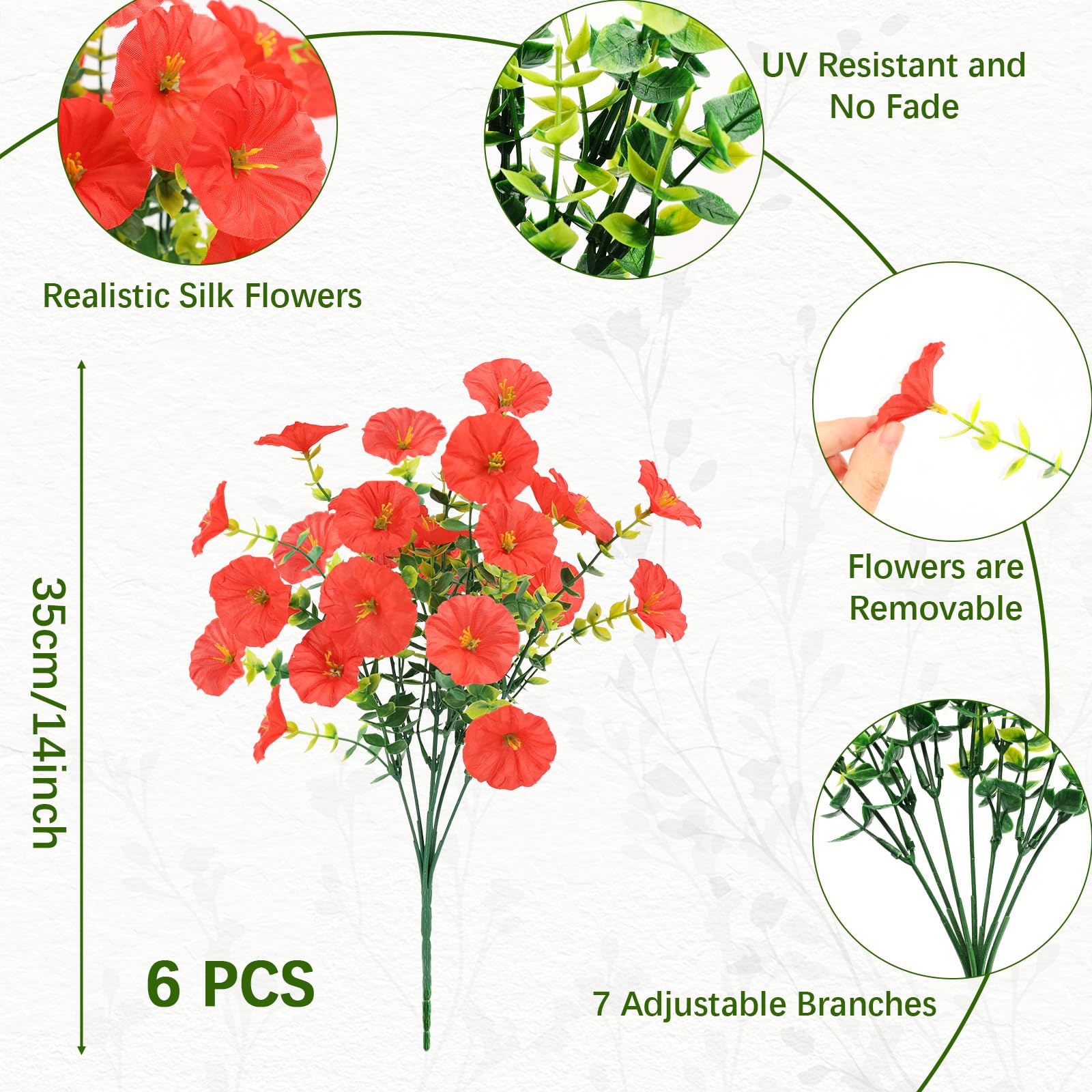 6 Bundles UV Resistant Artificial Flowers, Realistic Faux Plants for Garden, Red, Small - Image 3