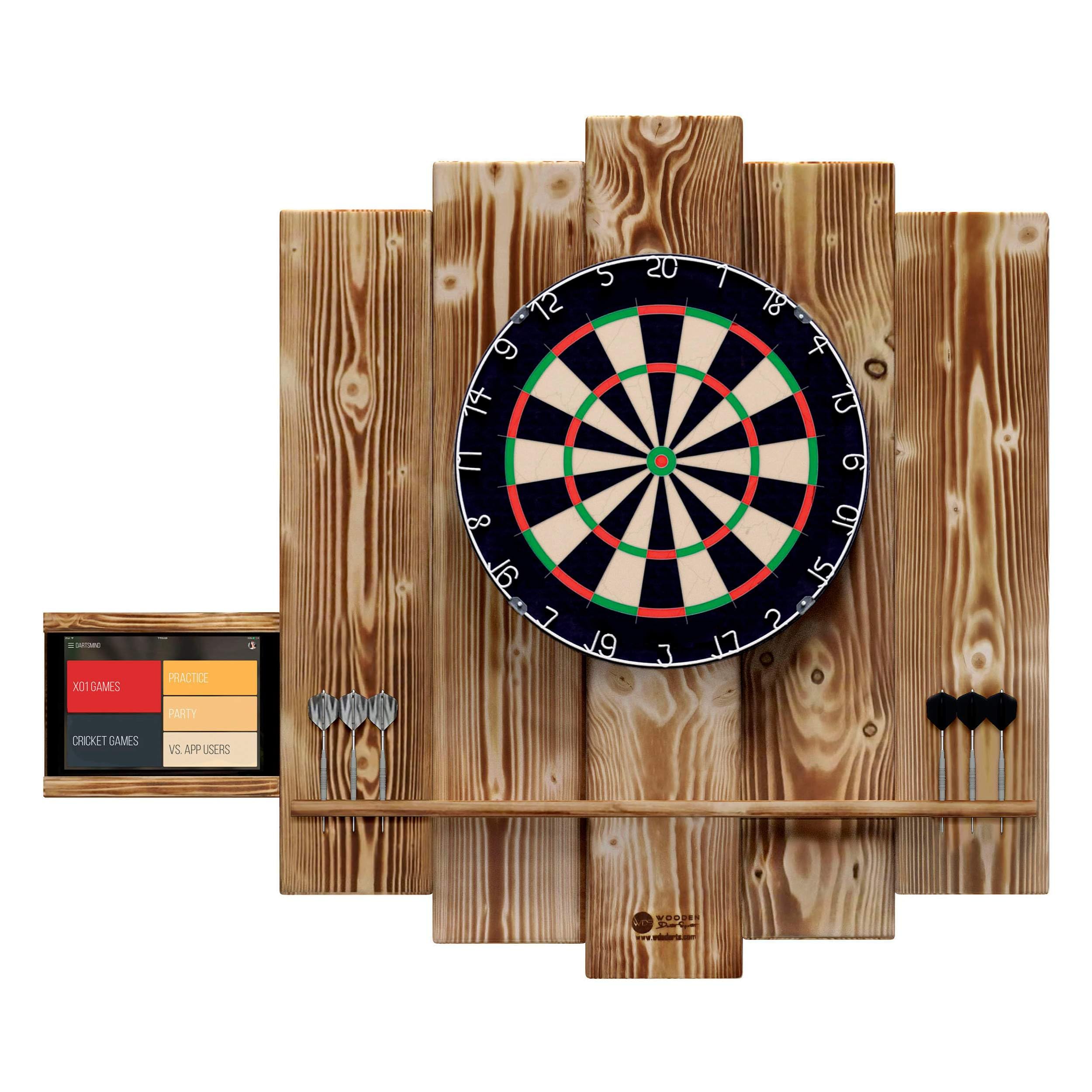 Holz-Dartmattenumrandung mit Tablet-Halter und Burned Look