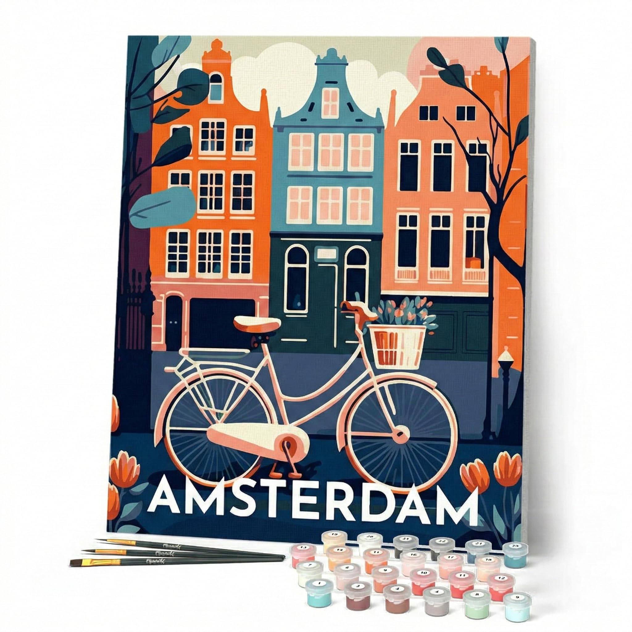 Figured'Art Paint by Numbers for Adults with Frame Travel Poster Amsterdam 40x50cm - Craft Art Painting DIY Kit Canvas Already Stretched on a Wooden Frame