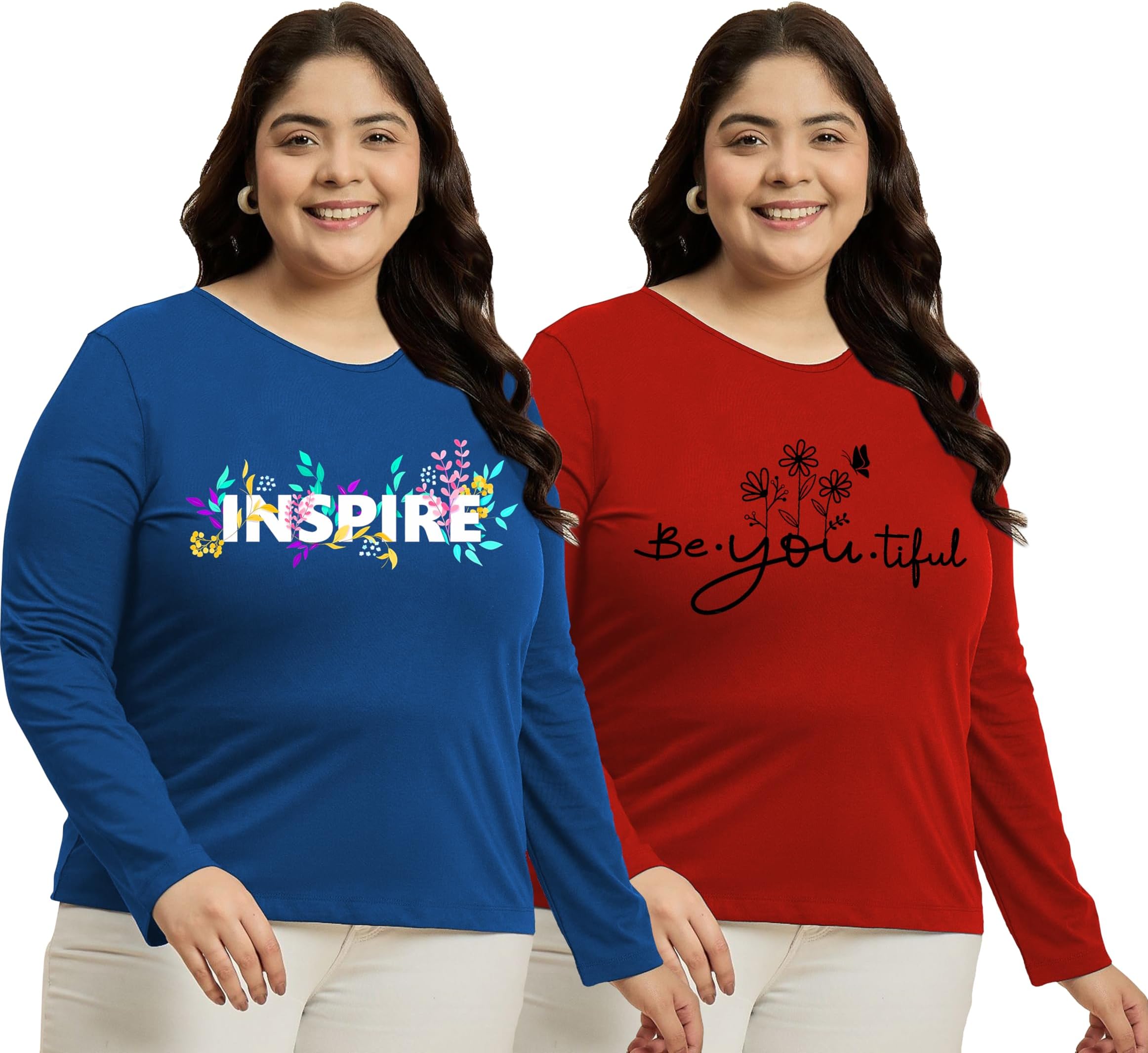 Plus Size Womens Full Sleeve Cotton Blend T-Shirt ? Casual, Gym, Sports, Lounge Wear Top ? Graphic Print ? Regular Fit ? XL-2XL-3XL-4XL-5XL ? 2 Pack Combo