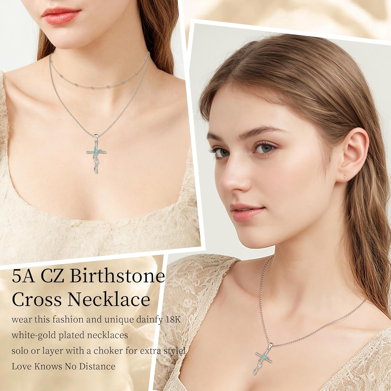 Distance Cross Birthstone Necklace for Women, 925 Sterling Silver Butterfly Cross Pendant, Birthstone Necklace Birthday Christmas Valentines Gifts for Her - Image 2