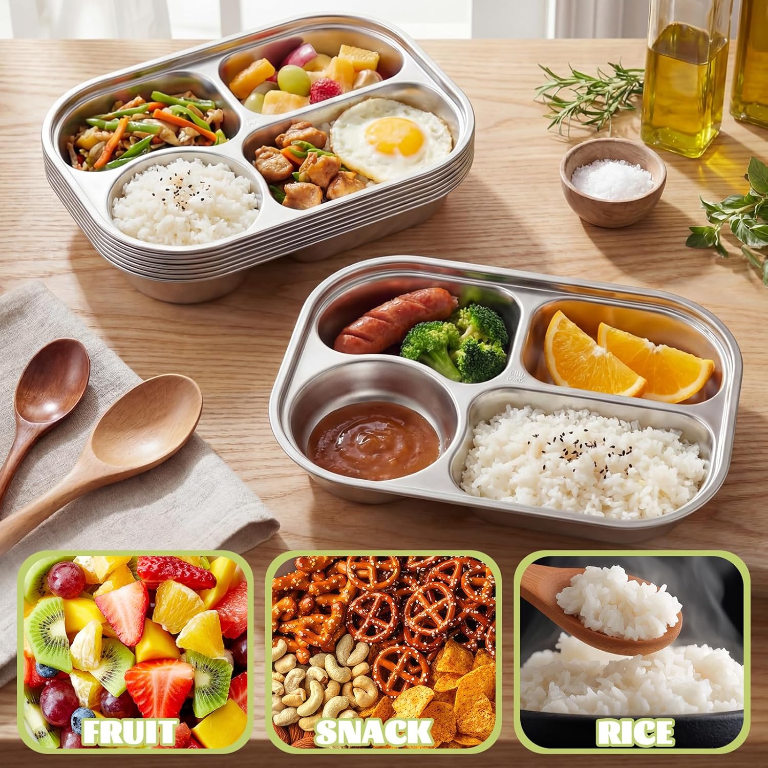 8 Pack Stainless Steel Divided Plates 4 Compartment 304 Meal Trays for Cafeteria Breakfast Lunch Dinner Diet Food Control Camping Office Home Adult