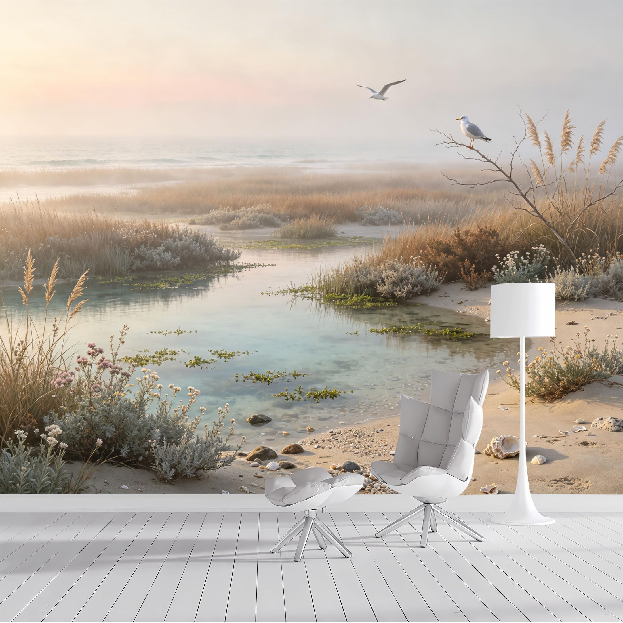 Custom Size Wall Mural Coastal Landscape Seagull Foggy Sunrise Ocean View SelfAdhesive Wall Fabric Removable Peel and Stick Wallpaper Wall Decor for Living Room Bedroom Bathroom