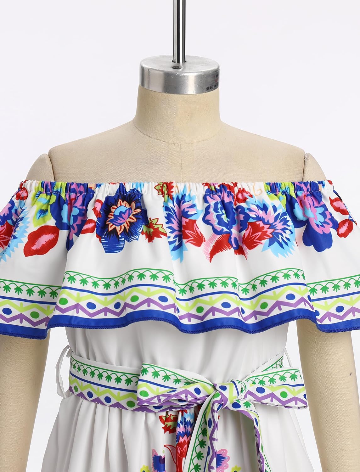 Mexican Dress for Girls Mexican Traditional Folk Floral Print Drape Dress with Flounce Belt Cinco De Mayo Fiesta