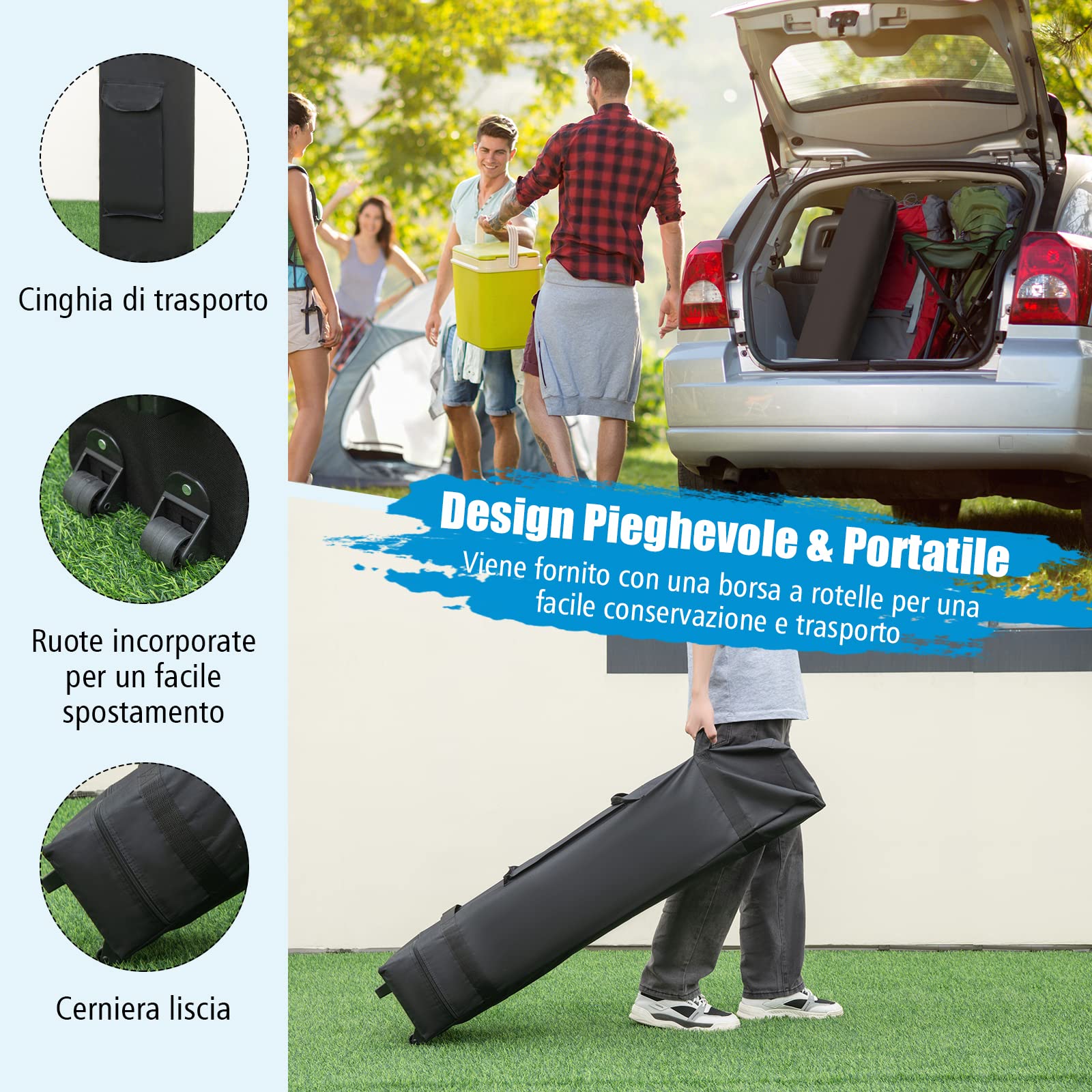 COSTWAY Gazebo Pieghevole 3 x 3 m, con Pareti/Tende Parasole, Gazebo Pop Up Impermeabile e Protettivo da Sole, con Altezza Regolabile e Borsa a Ruote, per Giardino Spiaggia e Campeggio
