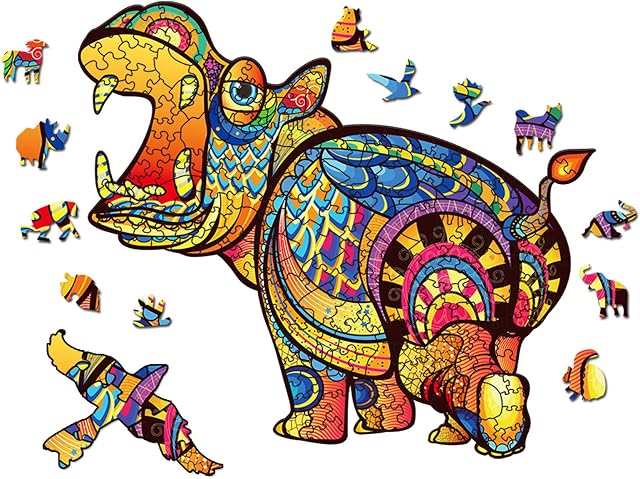 AthlChamp Wooden Puzzle for Adults and Kids, Animal Shape Magic Wooden Jigsaw Puzzles, Unique Shaped Puzzle Pieces, 10.47 x 11.81 in (26.6 x 30 cm) 200 Pieces, Hippopotamus, Medium