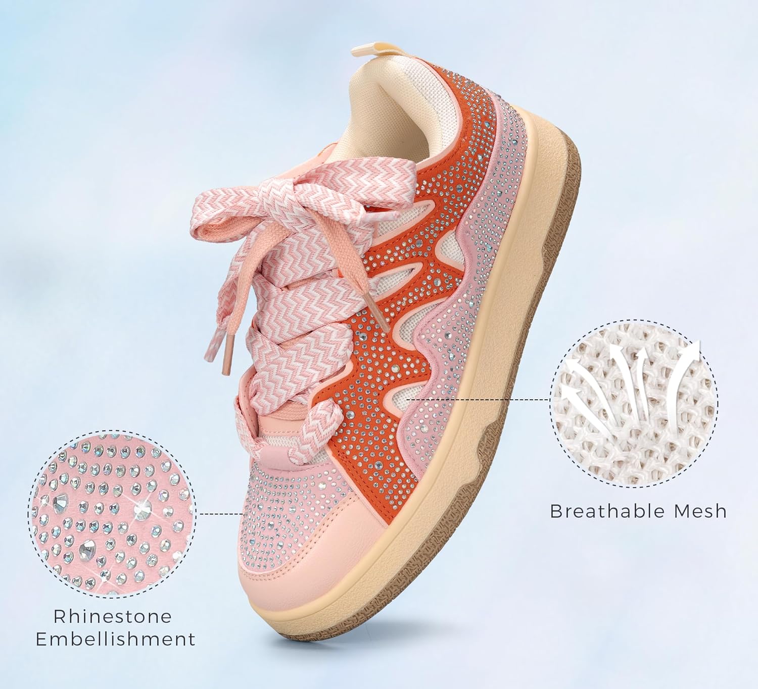 LUCKY STEP Women's Sparkle Rhinestone Fashion Sneakers Walking Tennis Bling Glitter Roaring Shoes Platform Lace up Casual Mesh Sneaker - Image 3